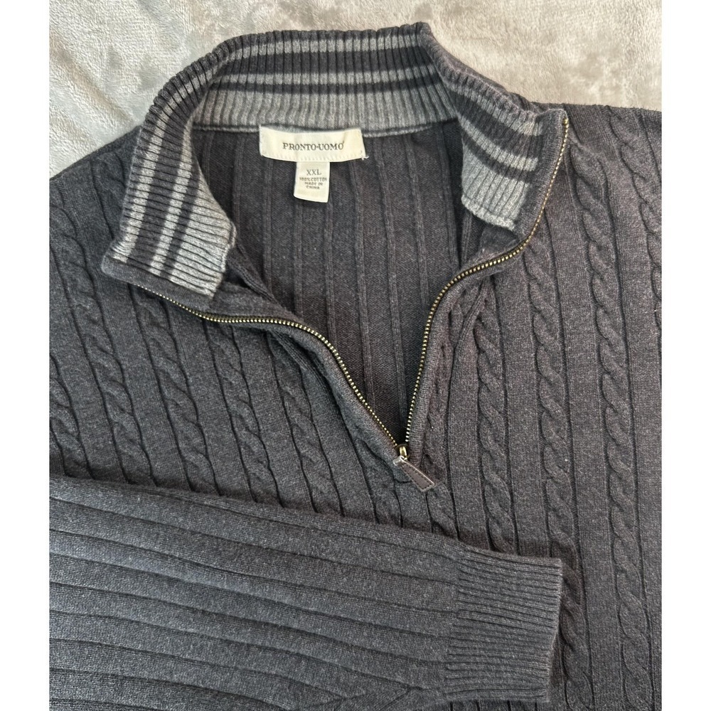 Pronto Uomo Sweater Mens 2XL Gray Quarter Zip Mock Neck Cable Knit Pullover